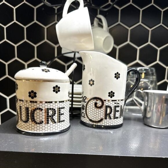 Anthropologie Bistro Tile Decaled Stoneware Sugar Bowl Pot 3 Pcs Set New - Picture 6 of 7
